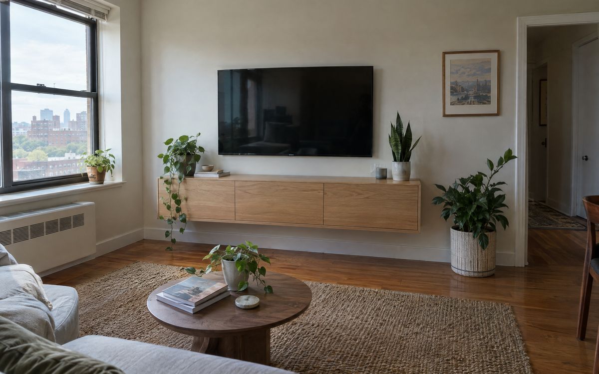 A floating white-oak media console under a wall-mounted TV in a bright living room, design concept