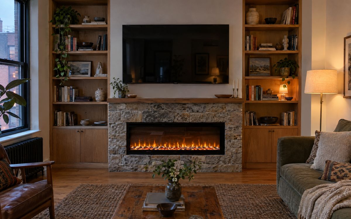 A media wall with a linear electric fireplace below the TV and oak shelves on both sides, design concept