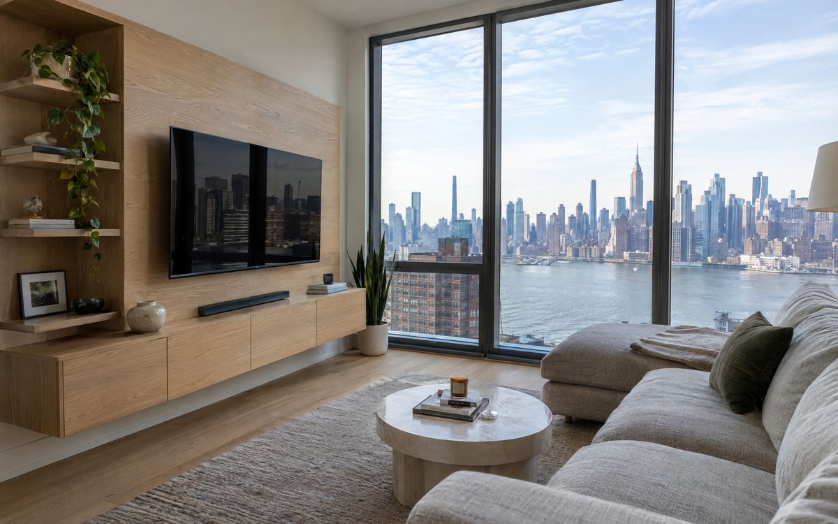 A white-oak floating media wall facing a window with a Manhattan skyline view in Long Island City, design concept
