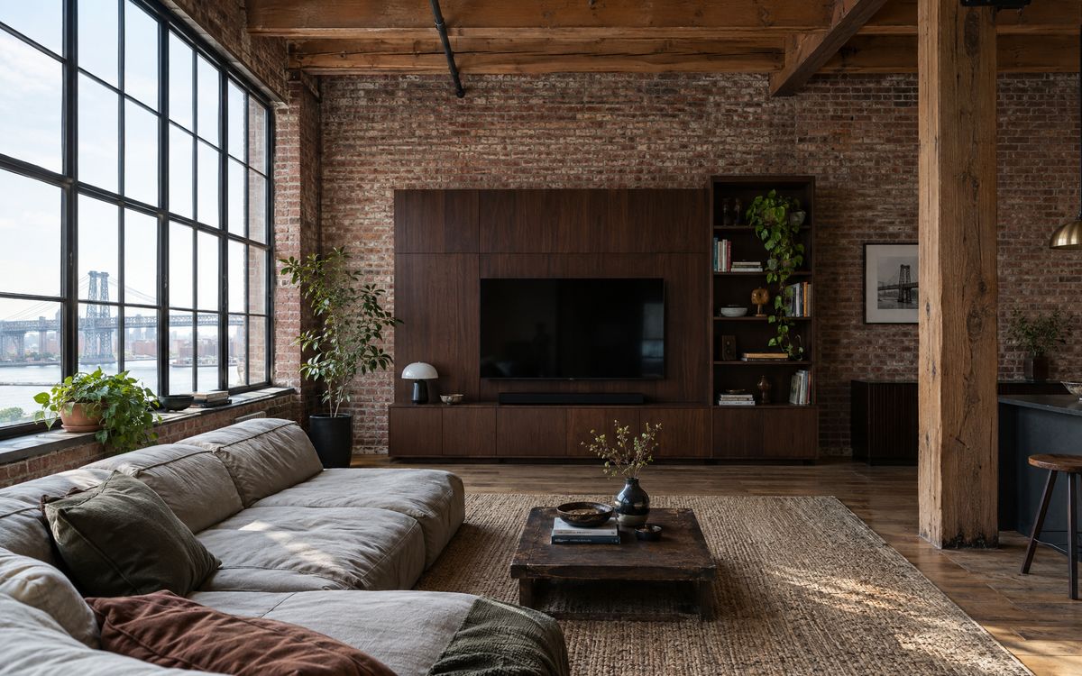 A dark walnut media wall against exposed brick in a Williamsburg loft, design concept