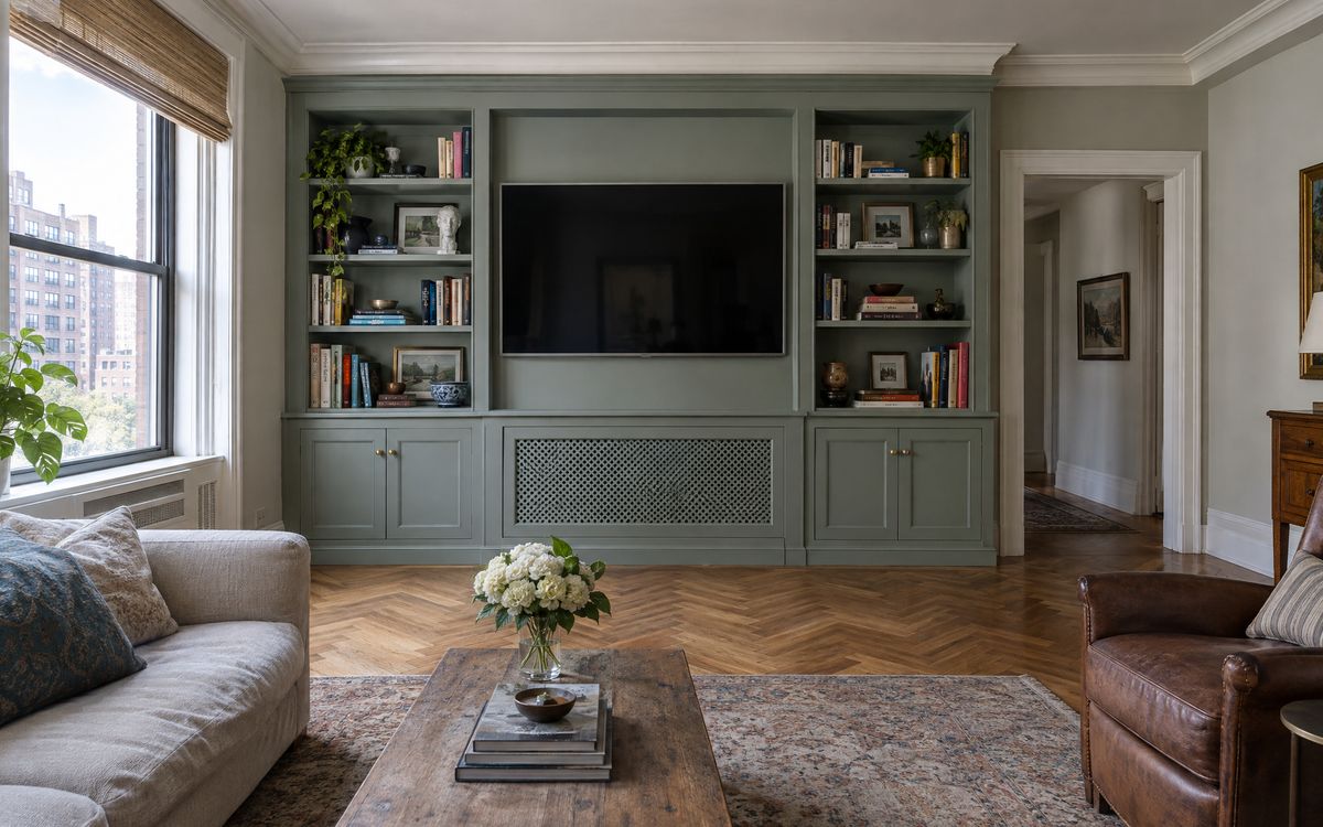 A painted built-in media wall with bookcases and a radiator cover in a prewar living room, design concept