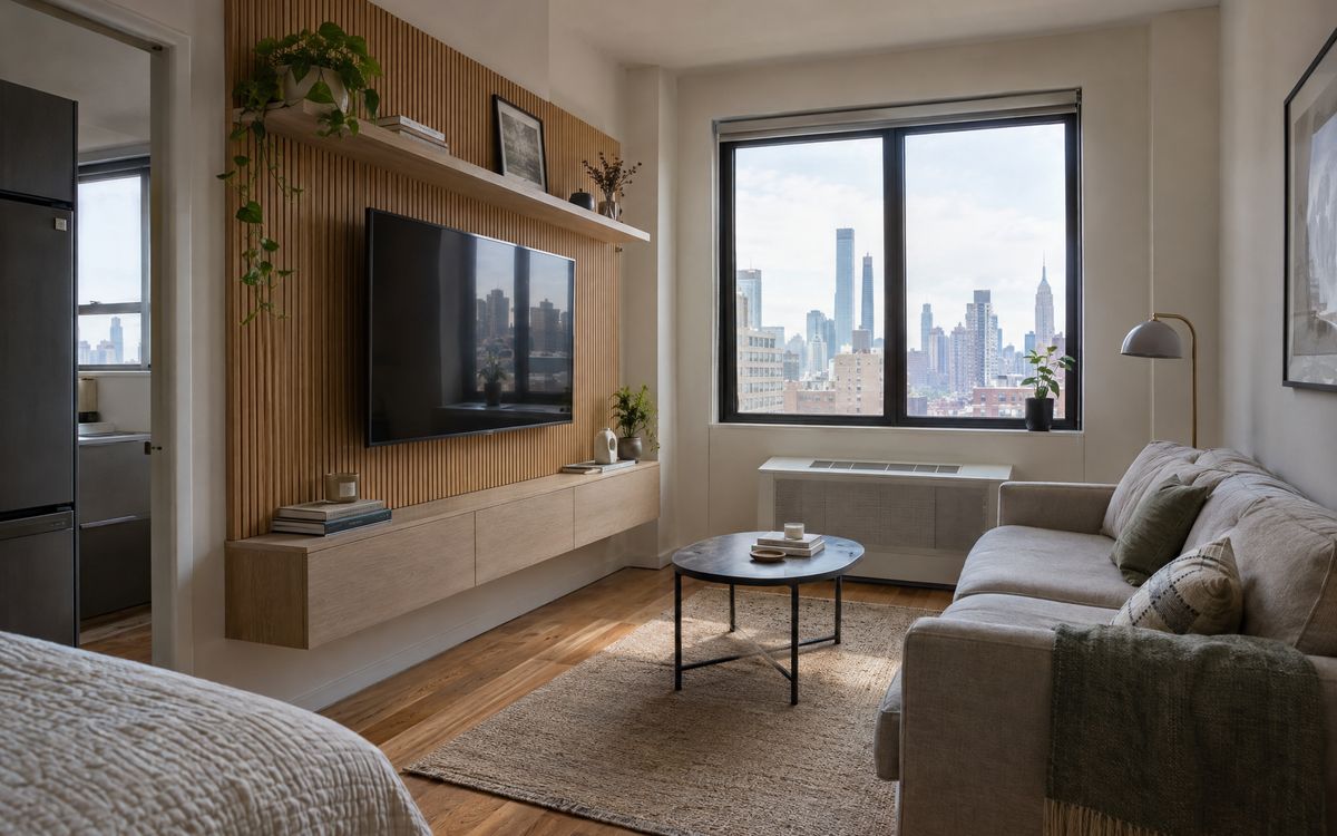 A slim fluted oak media panel with a TV and floating shelf in a small New York studio, design concept