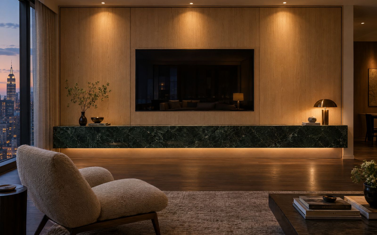 A white oak media wall paired with stone, design concept