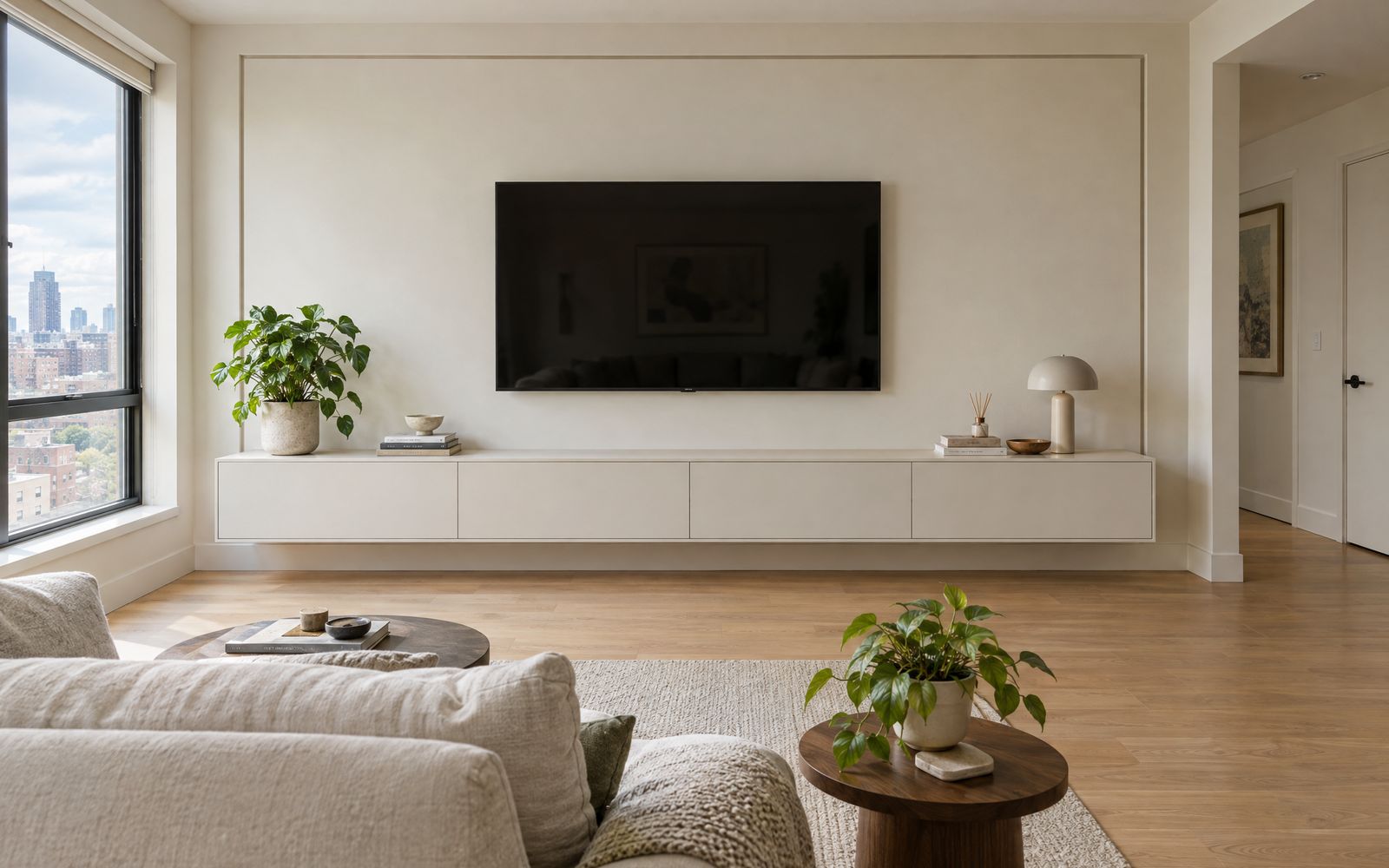 A white-painted media wall with a low floating console, design concept