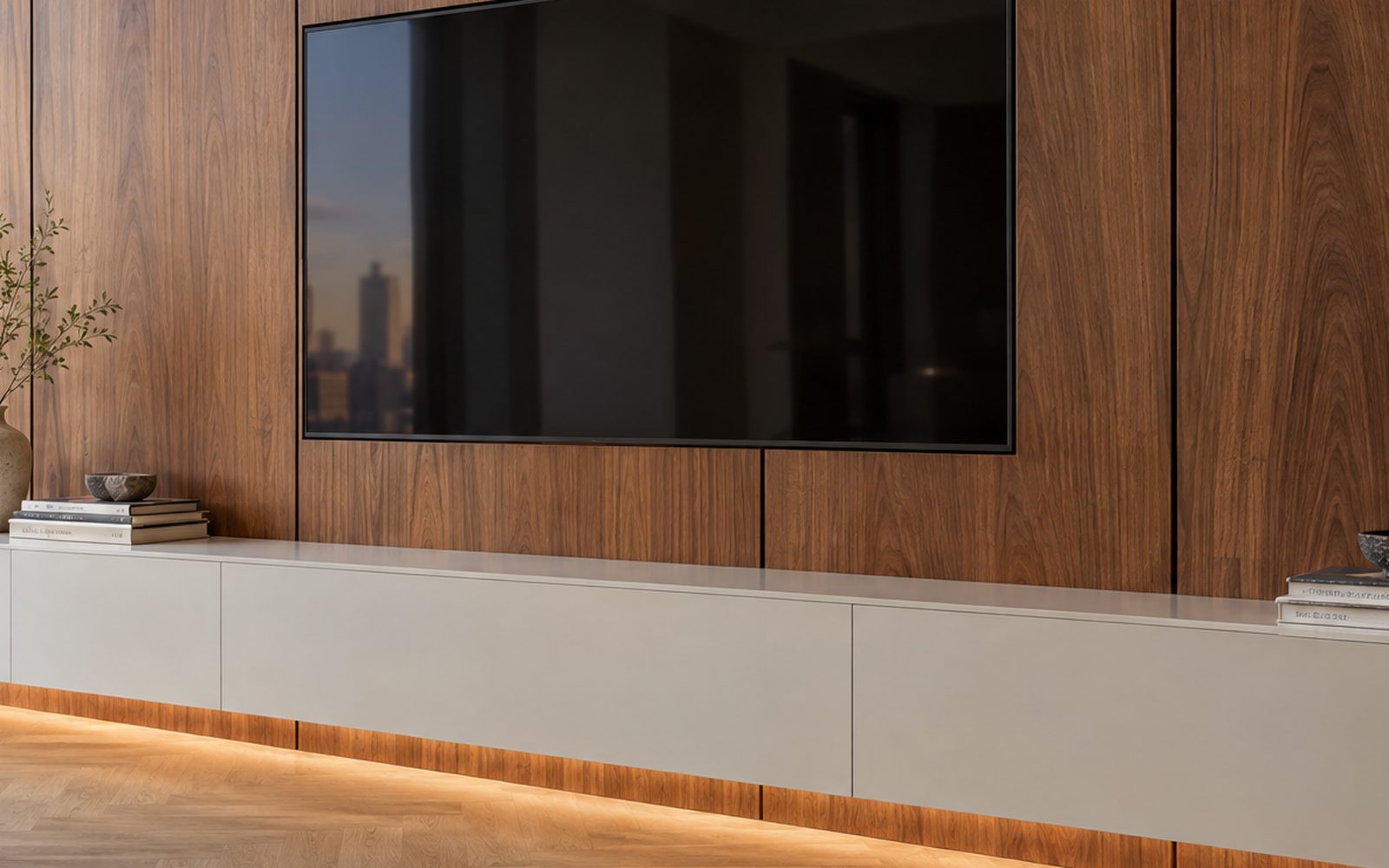 A walnut and white media wall up close, design concept