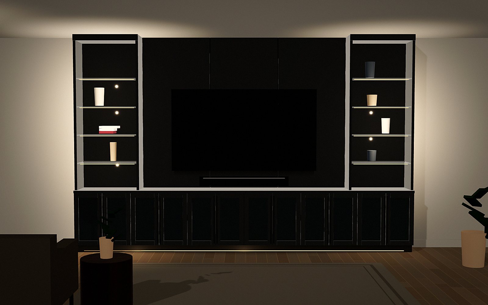 Black gloss lounge: 3D rendering of a Media Wall Worx design