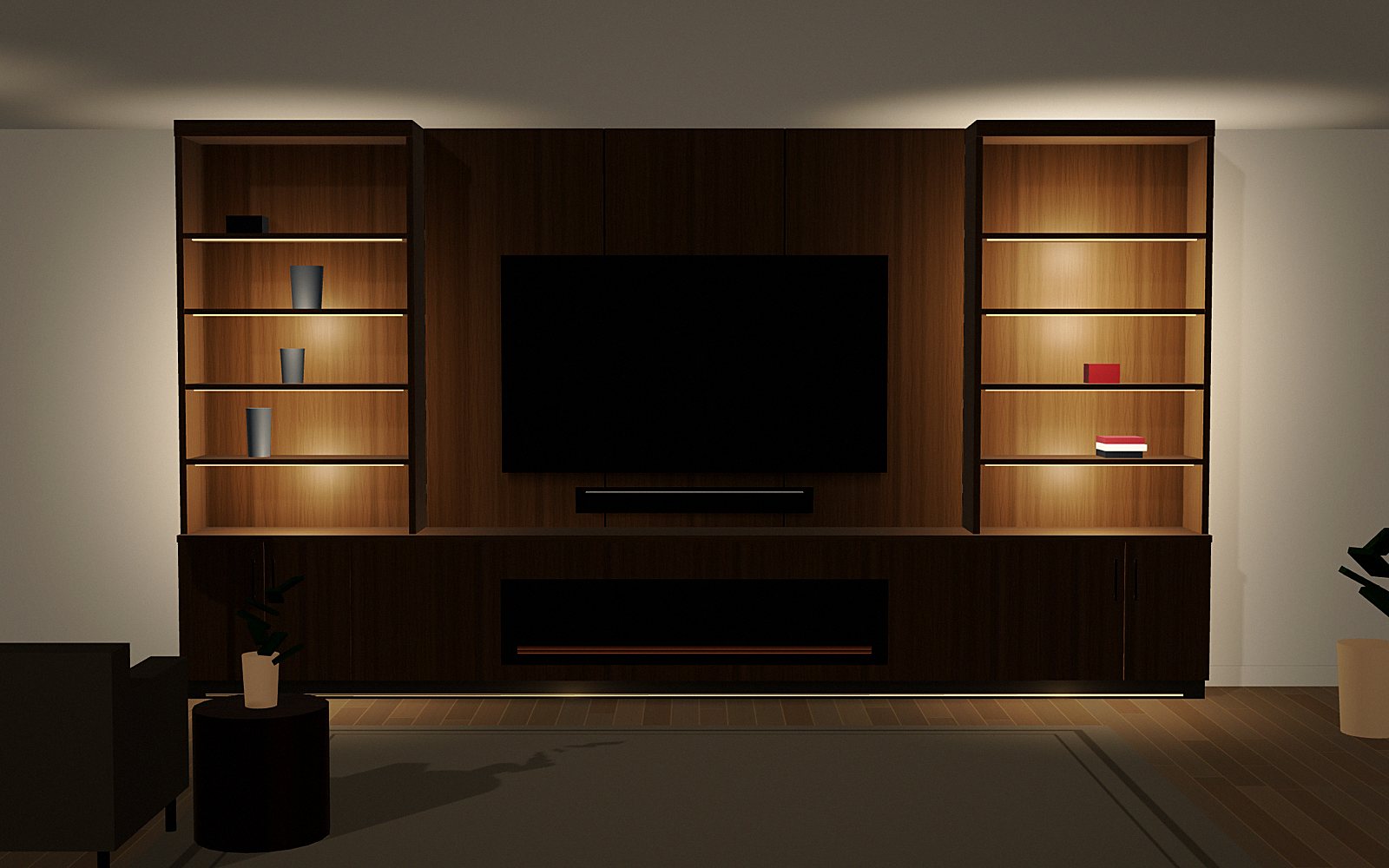 Fireside surround: 3D rendering of a Media Wall Worx design