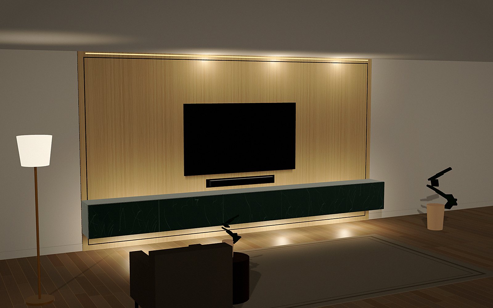 Oak and stone: 3D rendering of a Media Wall Worx design