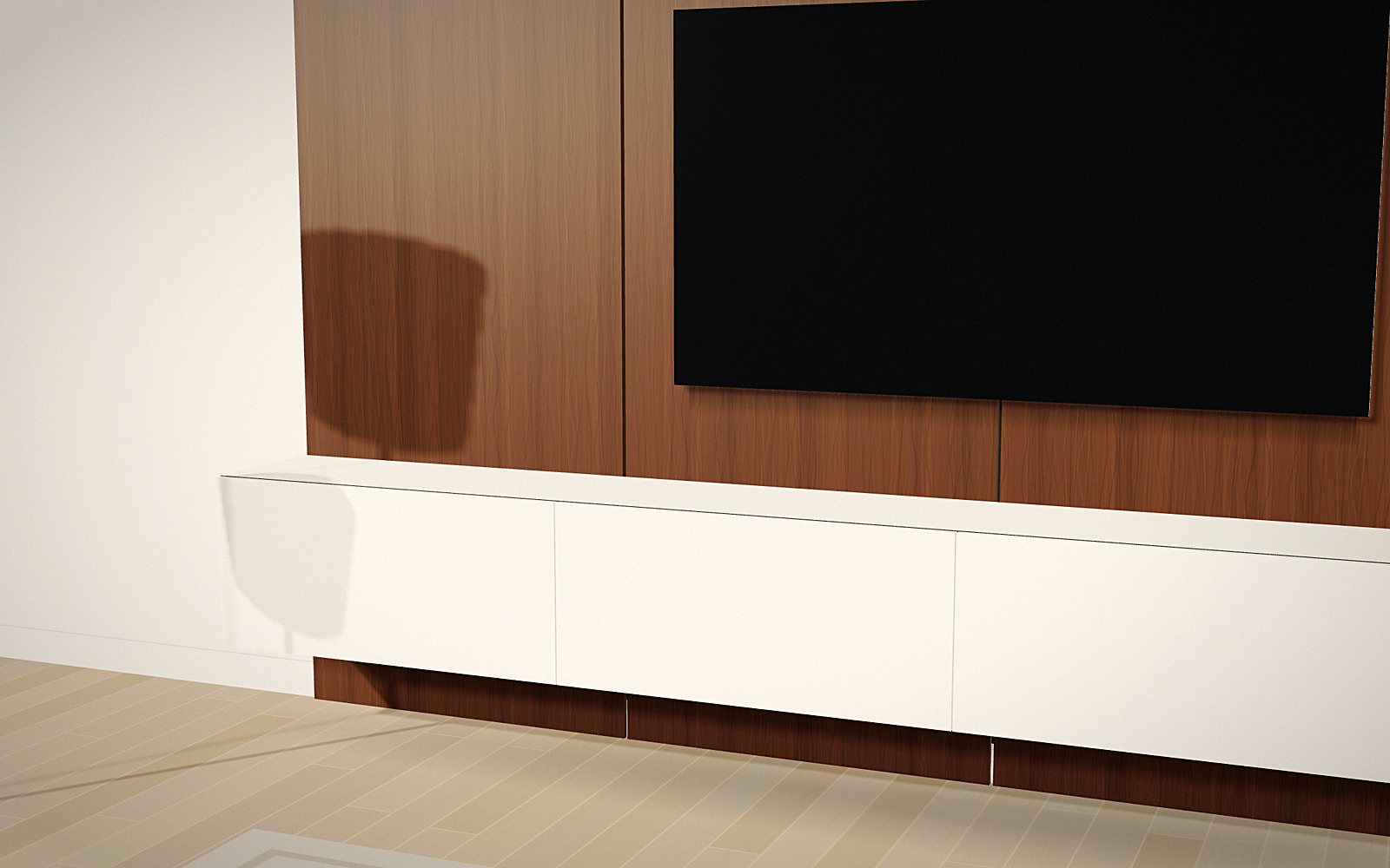 Walnut and white: 3D rendering of a Media Wall Worx design