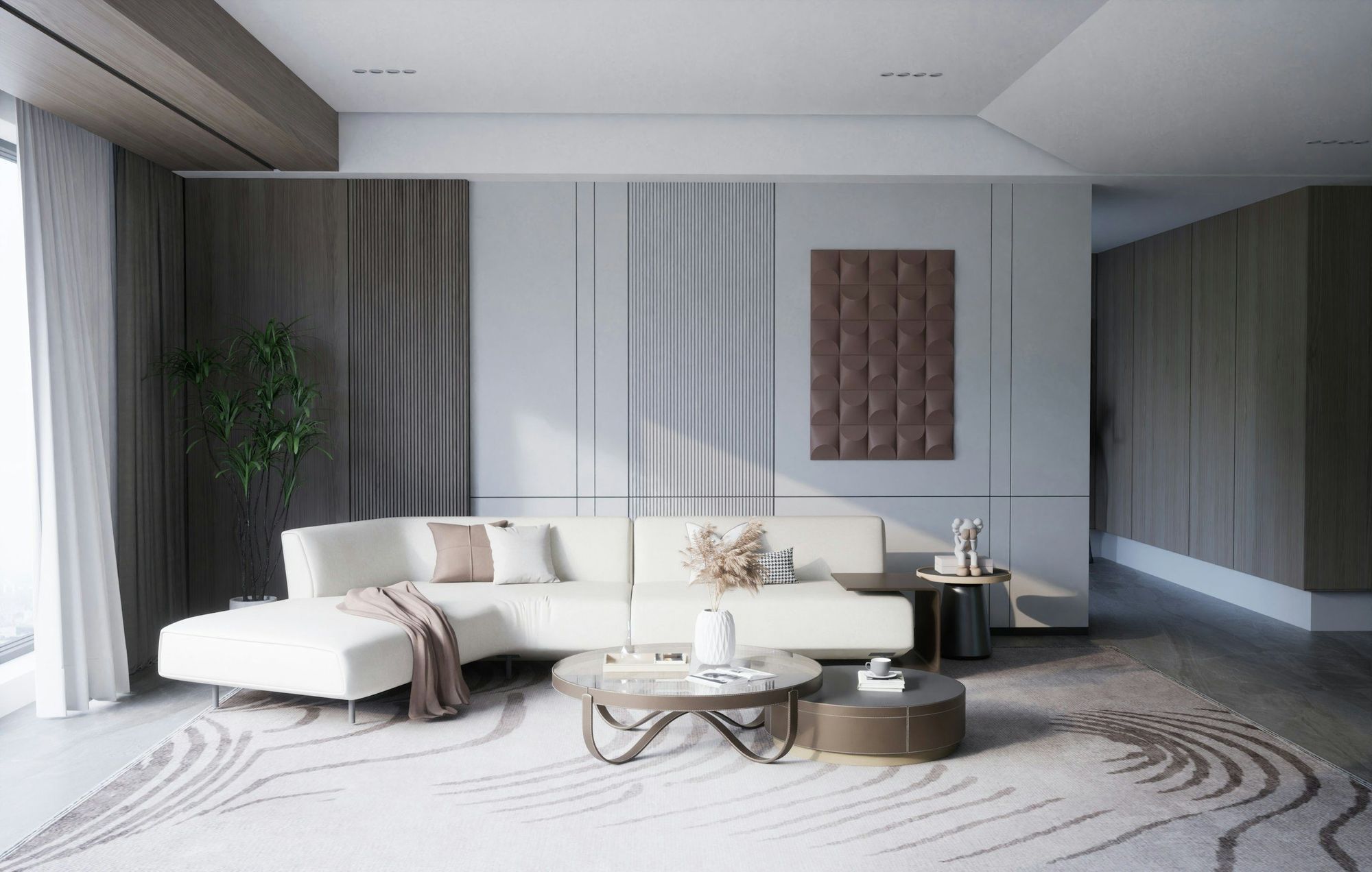 A paneled lounge wall in warm grey with a low sofa