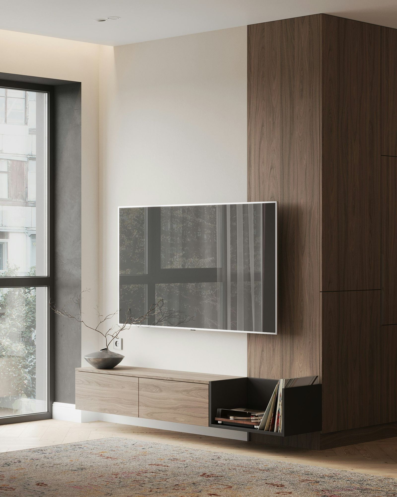 A walnut-paneled television wall with a floating console